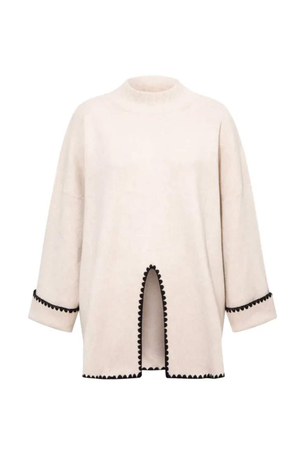 Le-Monade Dreams-Triko Ekru Siyah Sıçandiş Nakışlı Oversize Tunik-Kazak & Triko-1-Milagron.com