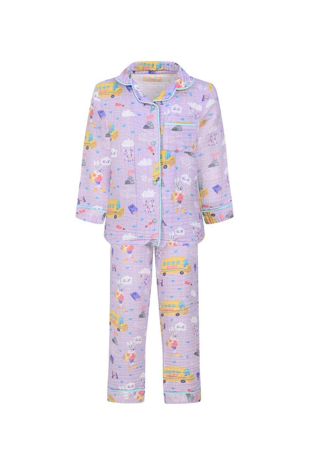 Let's Be Friends-Organik Muslin Pijama Takımı - Lila Okul Desen-Pijama Takımı-1-Milagron.com