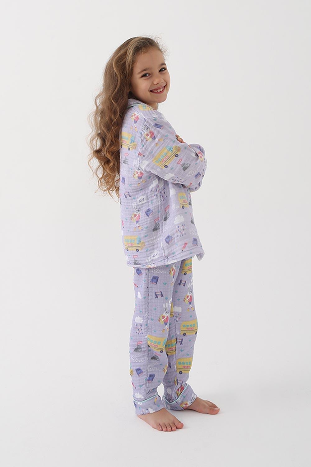 Let's Be Friends-Organik Muslin Pijama Takımı - Lila Okul Desen-Pijama Takımı-2-Milagron.com