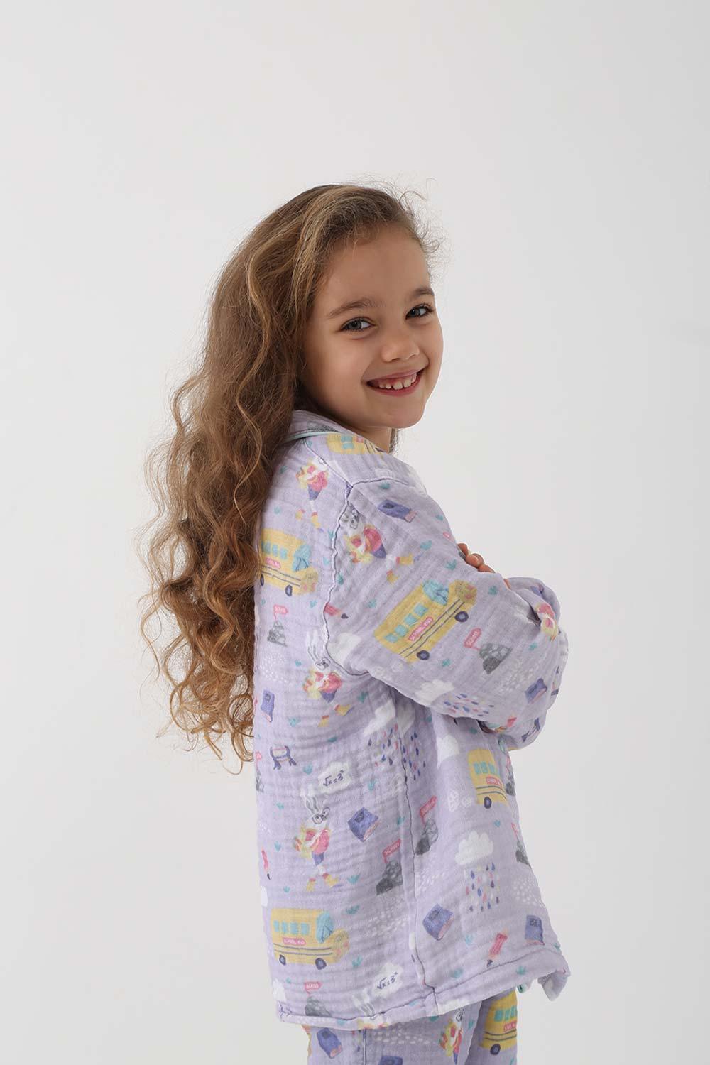 Let's Be Friends-Organik Muslin Pijama Takımı - Lila Okul Desen-Pijama Takımı-3-Milagron.com