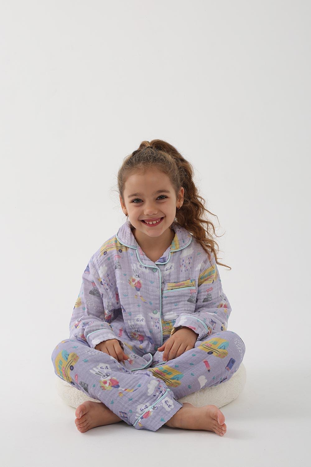 Let's Be Friends-Organik Muslin Pijama Takımı - Lila Okul Desen-Pijama Takımı-4-Milagron.com