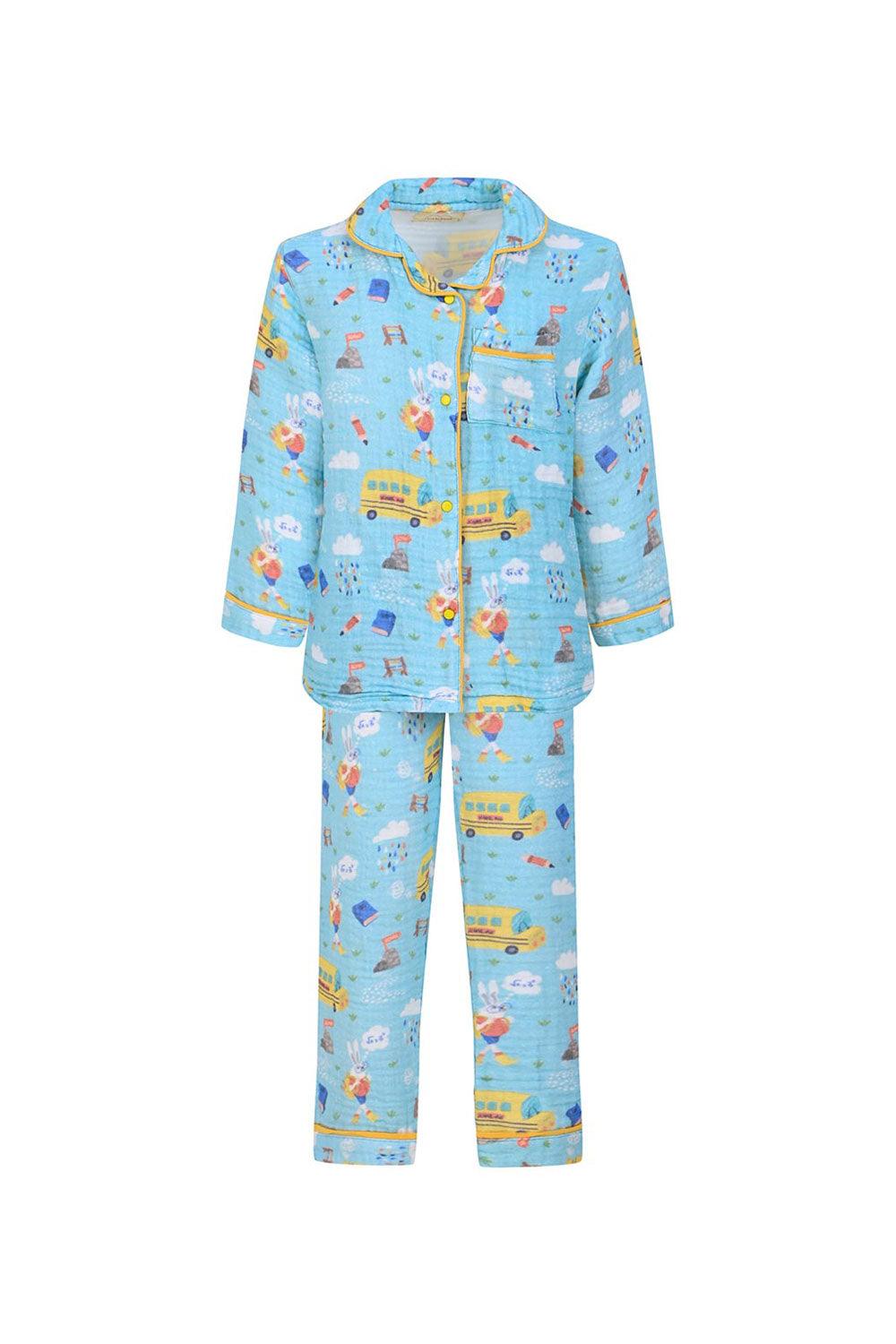 Let's Be Friends-Organik Muslin Pijama Takımı - Mavi Okul Desen-Pijama Takımı-1-Milagron.com