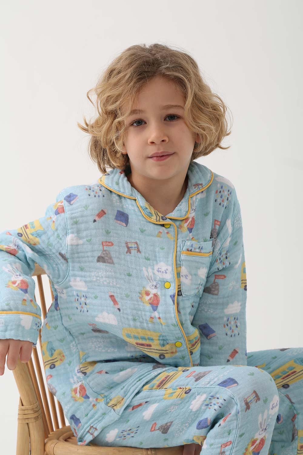 Let's Be Friends-Organik Muslin Pijama Takımı - Mavi Okul Desen-Pijama Takımı-2-Milagron.com