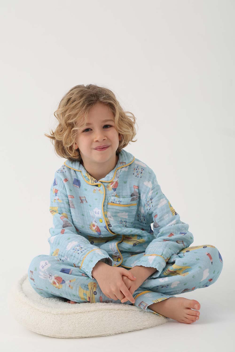 Let's Be Friends-Organik Muslin Pijama Takımı - Mavi Okul Desen-Pijama Takımı-3-Milagron.com