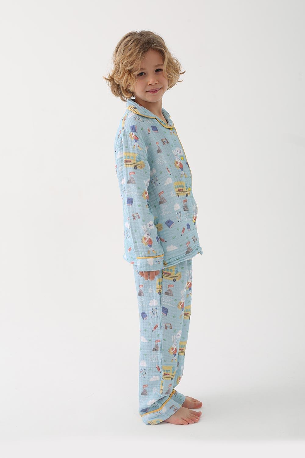 Let's Be Friends-Organik Muslin Pijama Takımı - Mavi Okul Desen-Pijama Takımı-4-Milagron.com