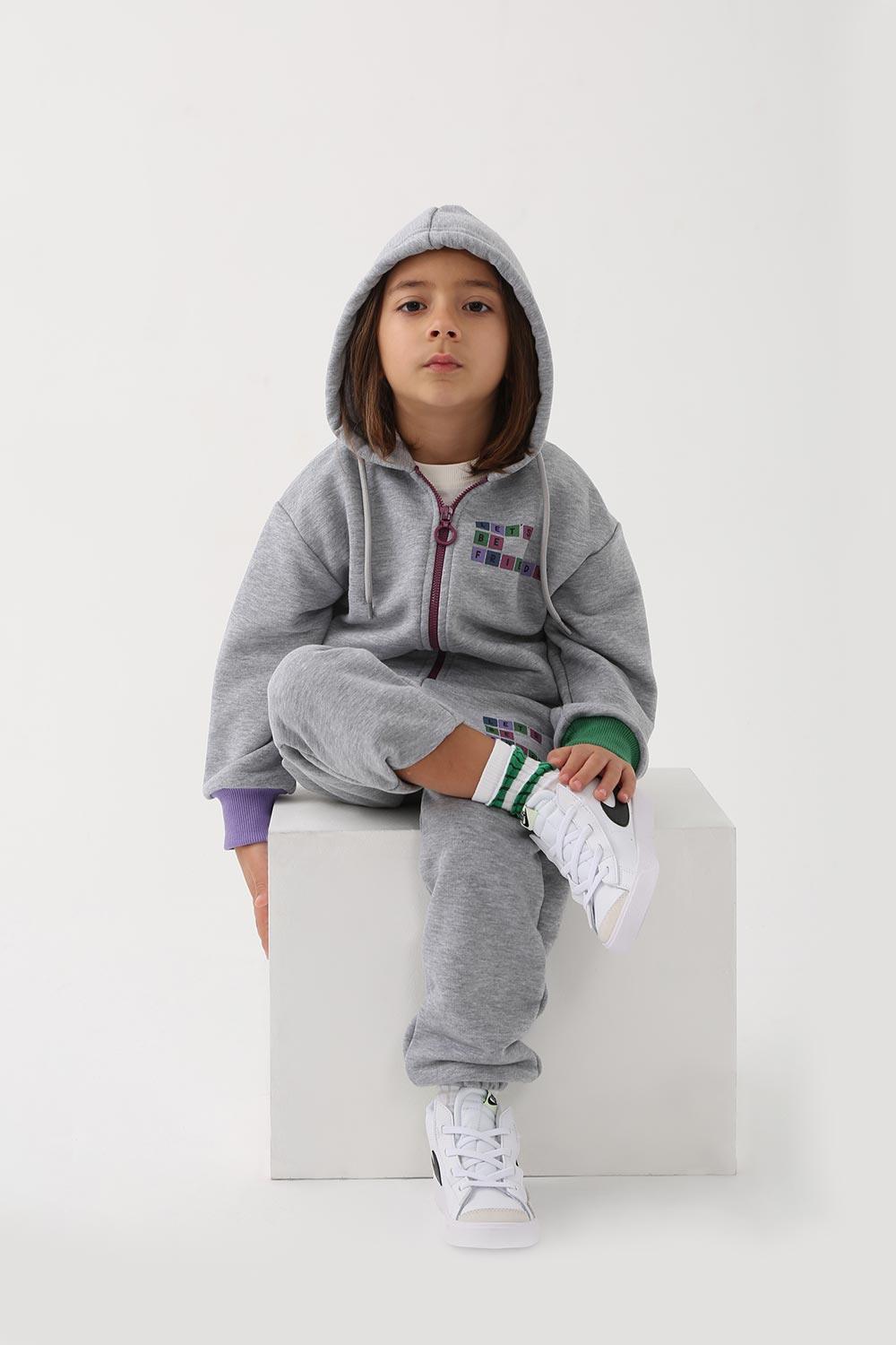 Let's Be Friends-Zipli Hoodie Takım 2 Parça - Gri Melanj-Alt - Üst Takım-4-Milagron.com