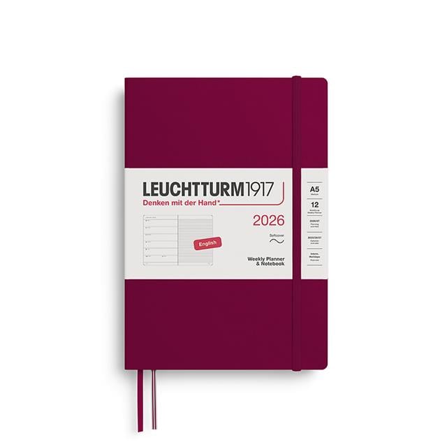 Leuchtturm 1917-Leuchtturm1917 Orta Boy (A5) 12 Aylık Ajanda Ve Not Defteri (çizgili) 2026 Yumuşak Kapak, İngilizce, Port Red372674-Özel Defterler-1-Milagron.com