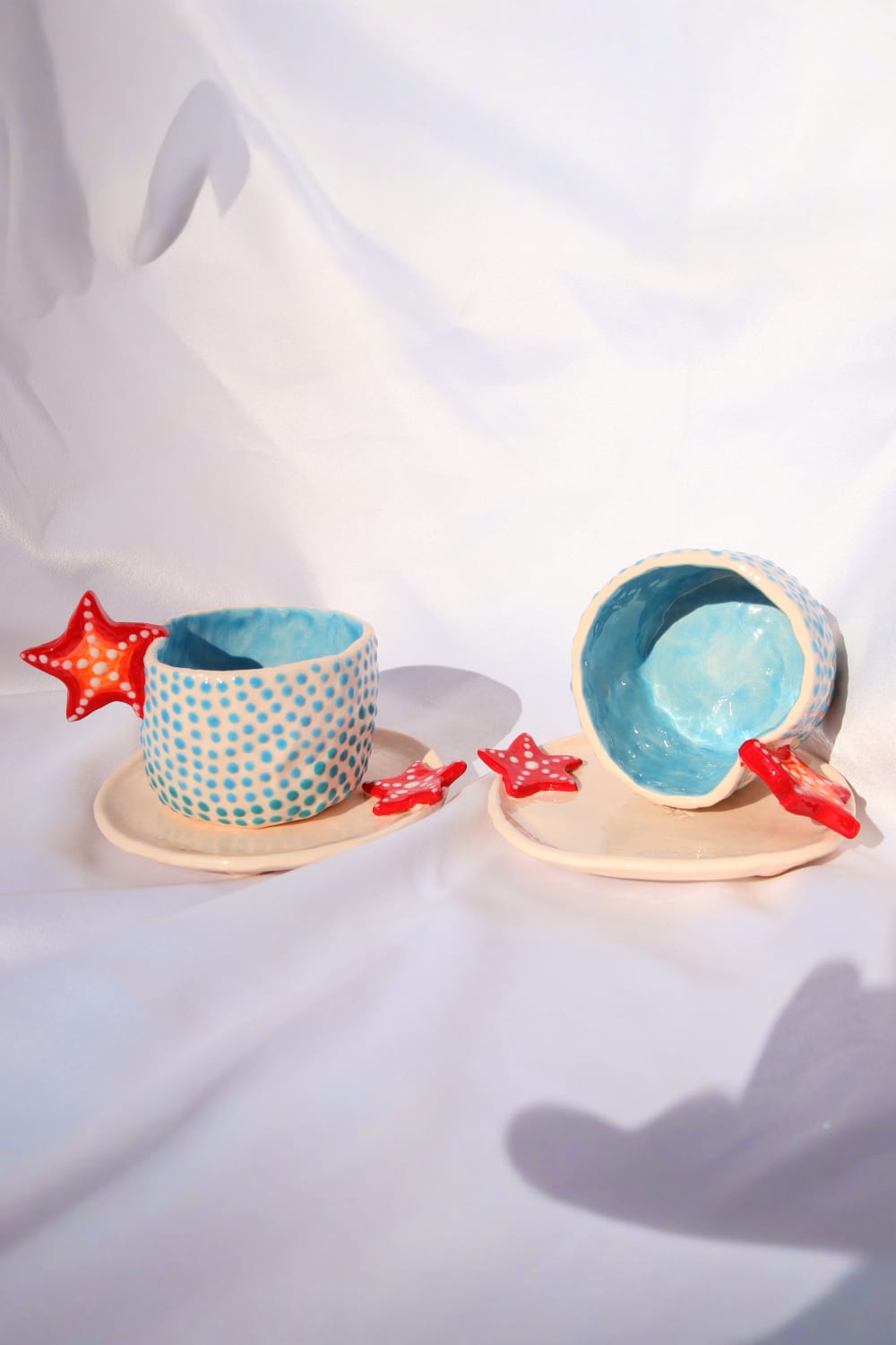 Lily & Loly Ceramics-Kırmızı Deniz Yıldızı Kulplu Mavi Puantiyeli El Yapımı Seramik Türk Kahvesi Fincan Seti - 2'li-Bardak-10-Milagron.com