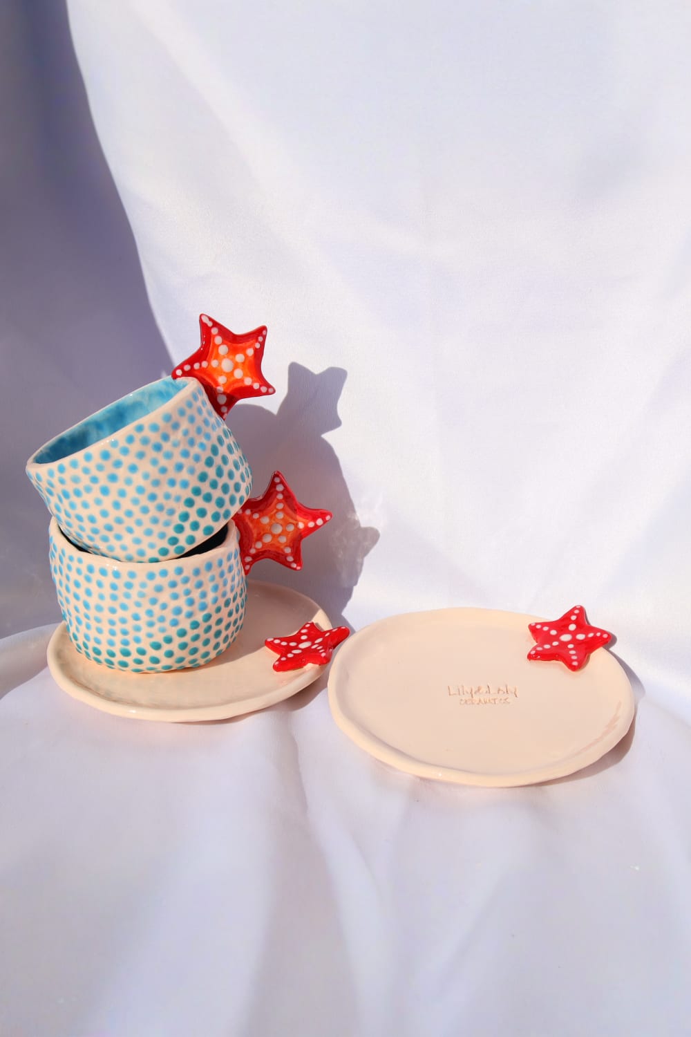 Lily & Loly Ceramics-Kırmızı Deniz Yıldızı Kulplu Mavi Puantiyeli El Yapımı Seramik Türk Kahvesi Fincan Seti - 2'li-Bardak-9-Milagron.com