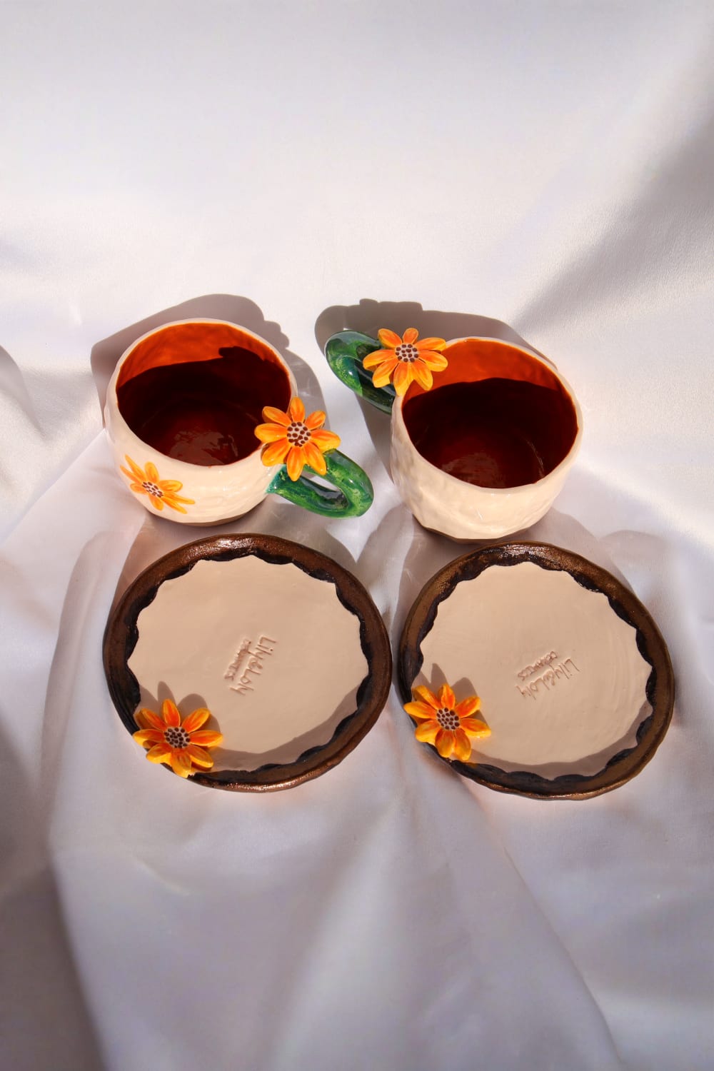 Lily & Loly Ceramics-Özel Çiçek Tasarımlı Çiçek Desenli Ayçiçek Kulplu El Yapımı Seramik Türk Kahvesi Fincan Seti - 2'li-Bardak-2-Milagron.com