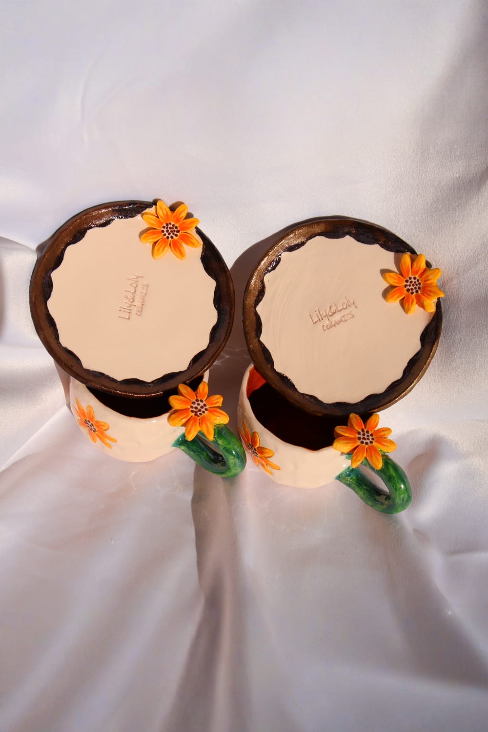 Lily & Loly Ceramics-Özel Çiçek Tasarımlı Çiçek Desenli Ayçiçek Kulplu El Yapımı Seramik Türk Kahvesi Fincan Seti - 2'li-Bardak-5-Milagron.com