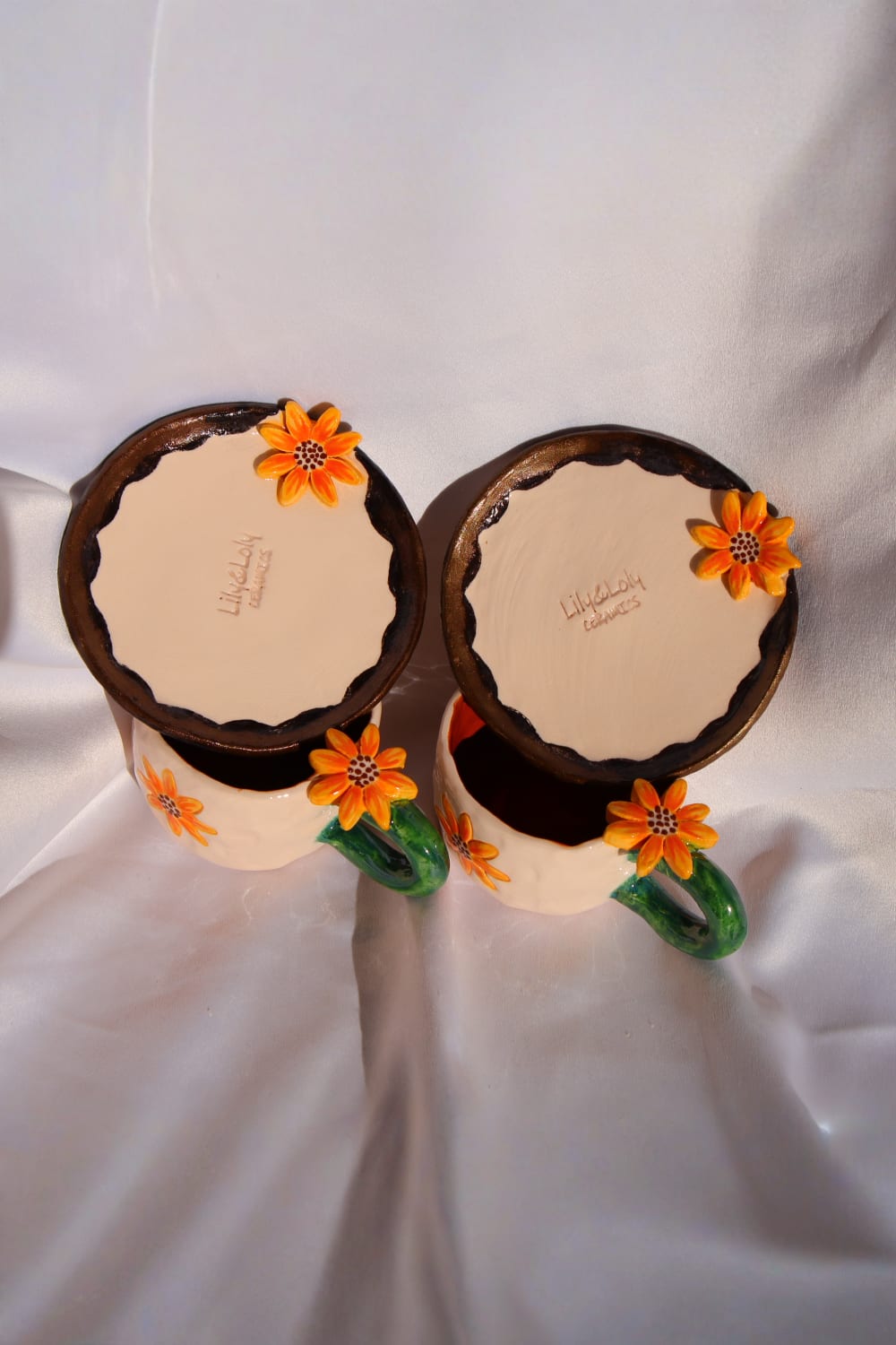 Lily & Loly Ceramics-Özel Çiçek Tasarımlı Çiçek Desenli Ayçiçek Kulplu El Yapımı Seramik Türk Kahvesi Fincan Seti - 2'li-Bardak-6-Milagron.com