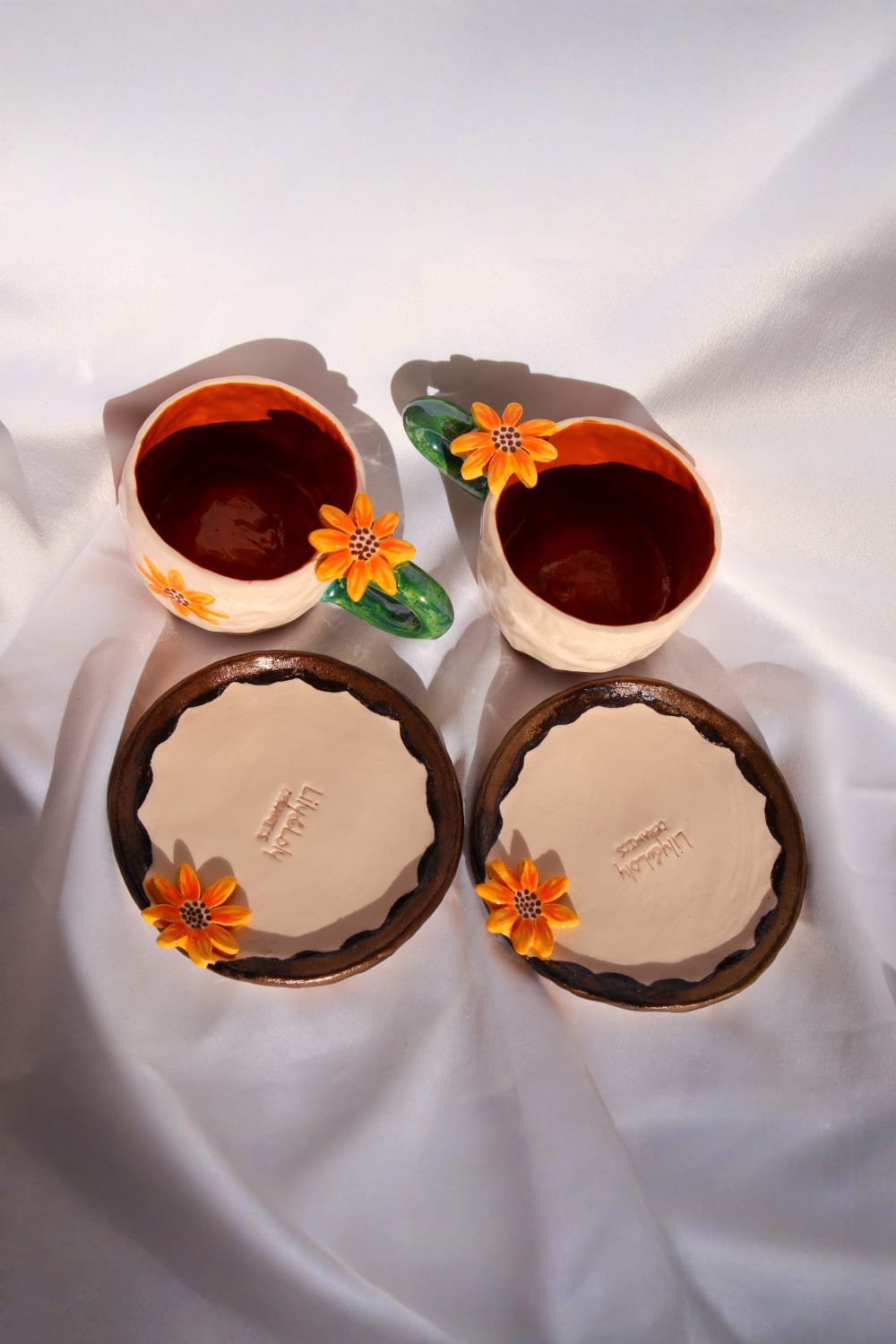 Lily & Loly Ceramics-Özel Çiçek Tasarımlı Çiçek Desenli Ayçiçek Kulplu El Yapımı Seramik Türk Kahvesi Fincan Seti - 2'li-Bardak-7-Milagron.com