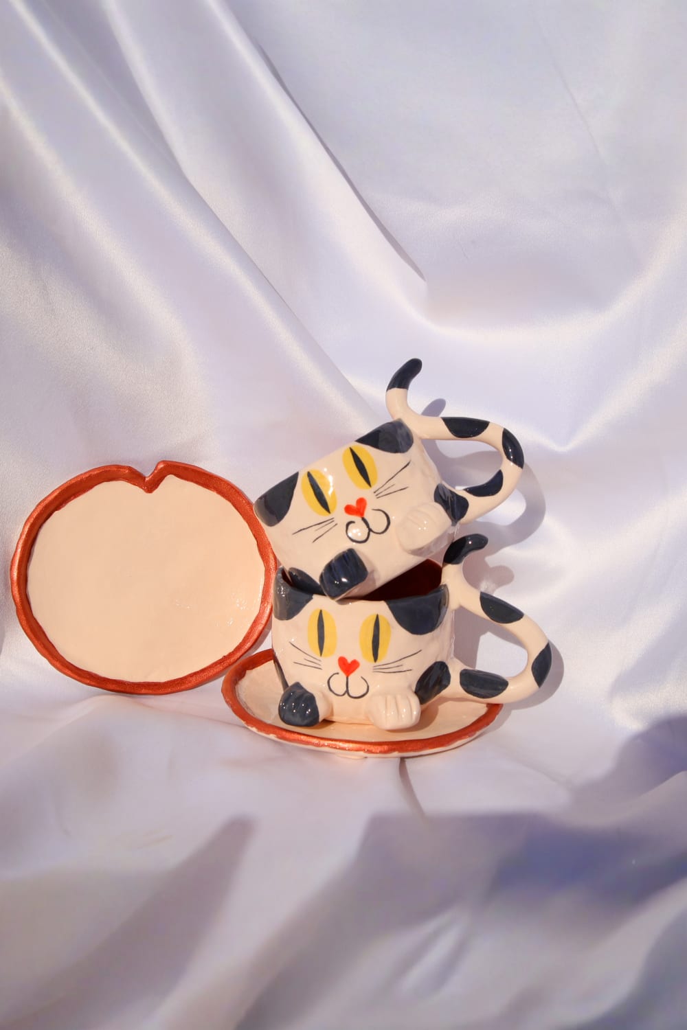 Lily & Loly Ceramics-Siyah Beyaz Renkli Kedi Desenli Kedili Türk Kahvesi Seti - El Yapımı Seramik Fincan Seti (2 Li)-Bardak-5-Milagron.com