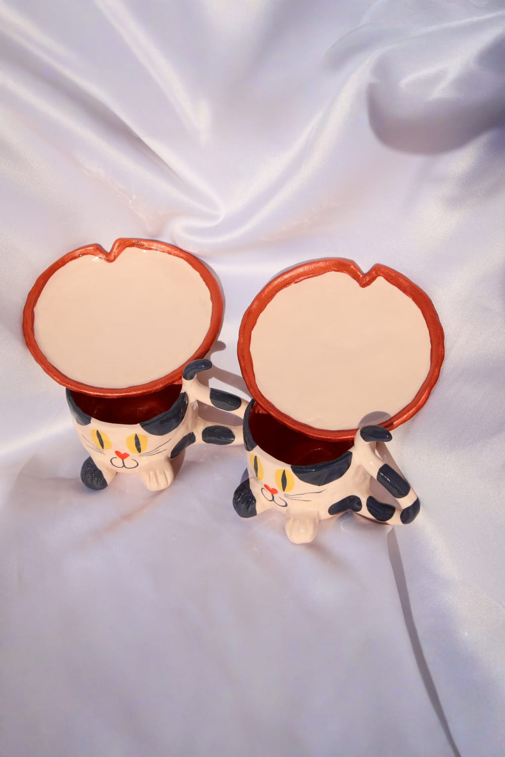 Lily & Loly Ceramics-Siyah Beyaz Renkli Kedi Desenli Kedili Türk Kahvesi Seti - El Yapımı Seramik Fincan Seti (2 Li)-Bardak-8-Milagron.com