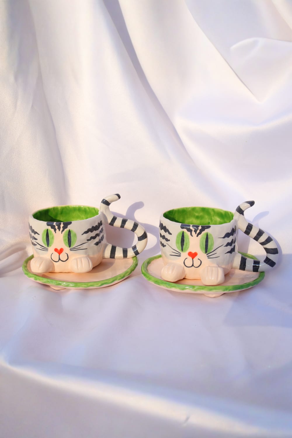 Lily & Loly Ceramics-Tatlı Gri Tekir Kedi Desenli Kedili Türk Kahvesi Seti - El Yapımı Seramik Fincan Seti (2 Li)-Bardak-12-Milagron.com