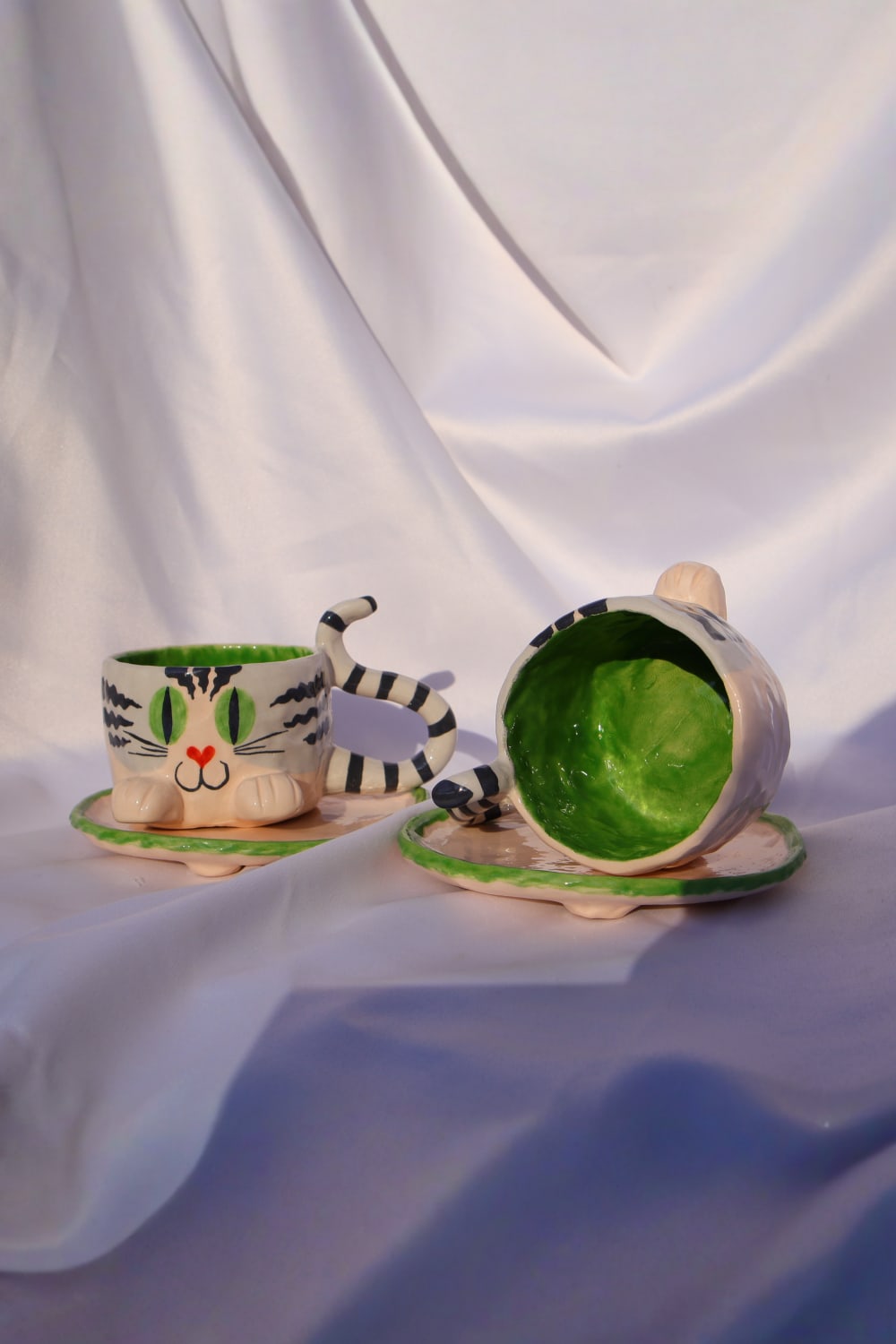 Lily & Loly Ceramics-Tatlı Gri Tekir Kedi Desenli Kedili Türk Kahvesi Seti - El Yapımı Seramik Fincan Seti (2 Li)-Bardak-4-Milagron.com