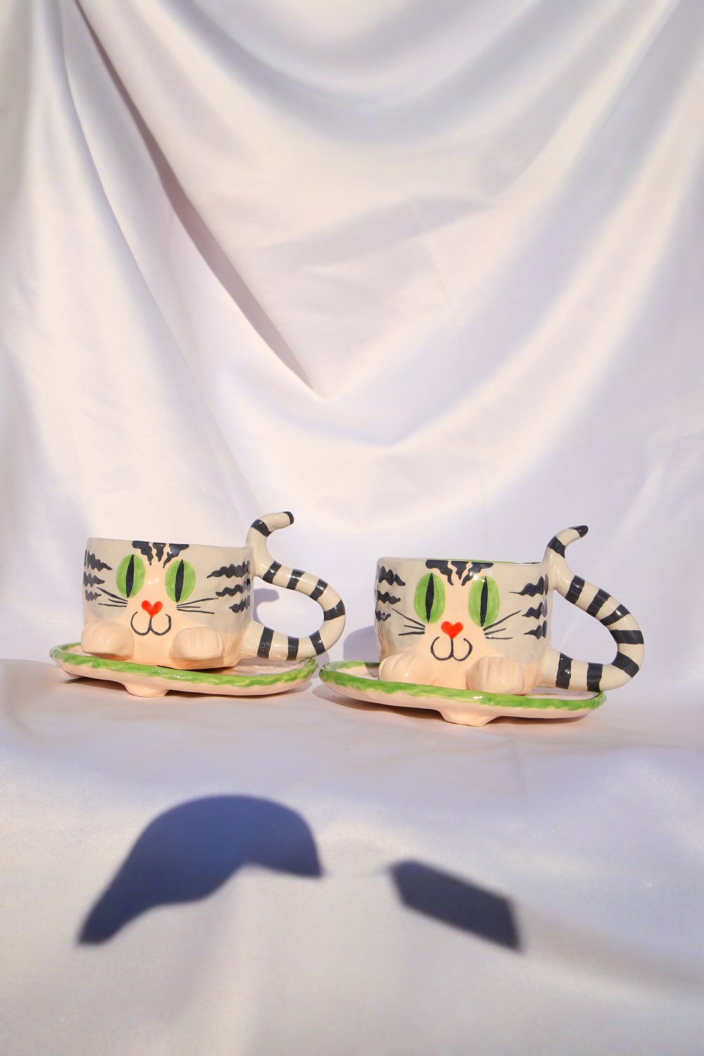 Lily & Loly Ceramics-Tatlı Gri Tekir Kedi Desenli Kedili Türk Kahvesi Seti - El Yapımı Seramik Fincan Seti (2 Li)-Bardak-7-Milagron.com