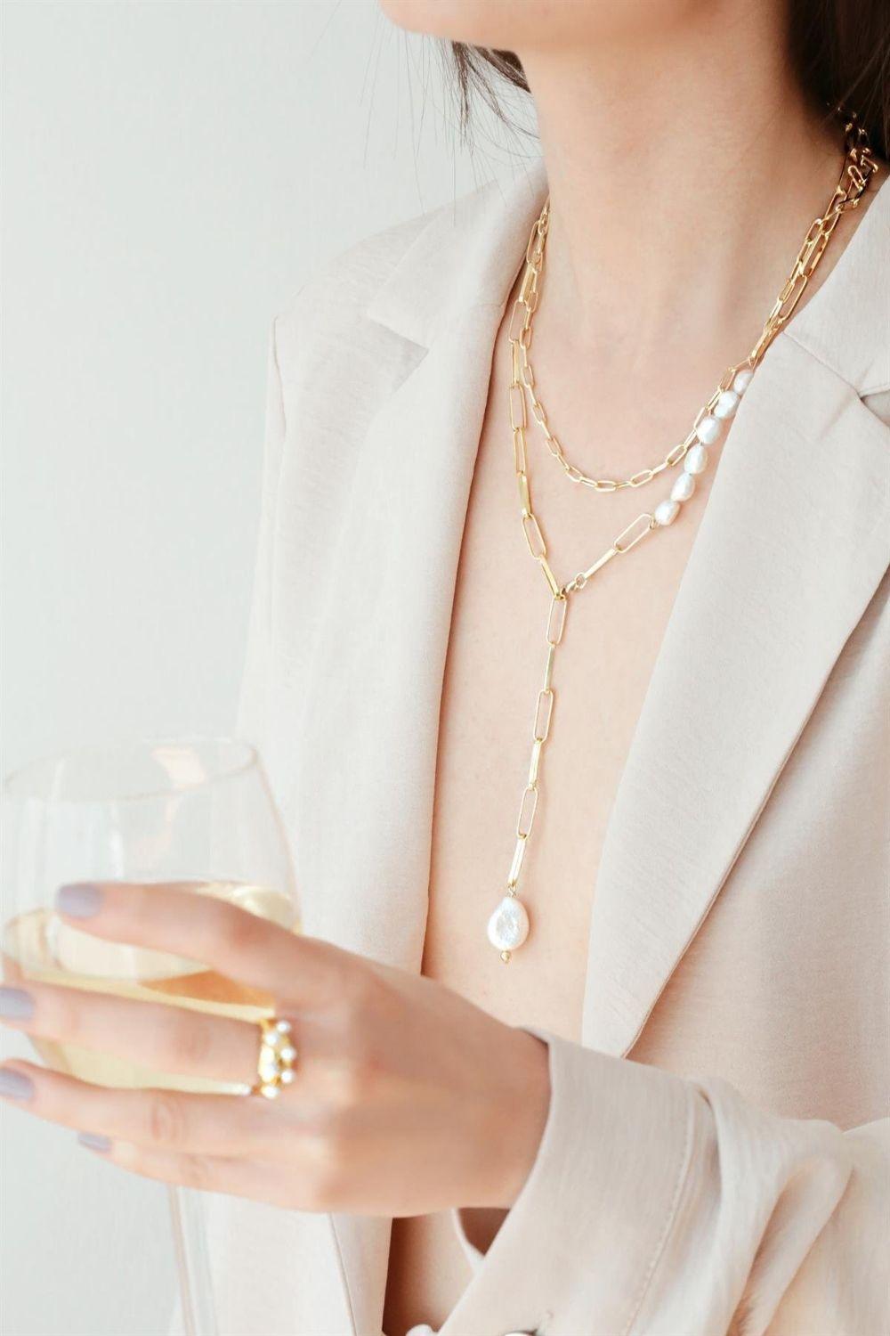 Linya Jewellery-Bety Zincirli İnci Kolye-Kolye-3-Milagron.com