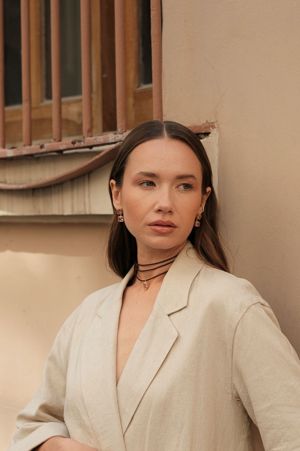 Bordo Deri İPli Pembe Kristal TaşLı Kolye - 4