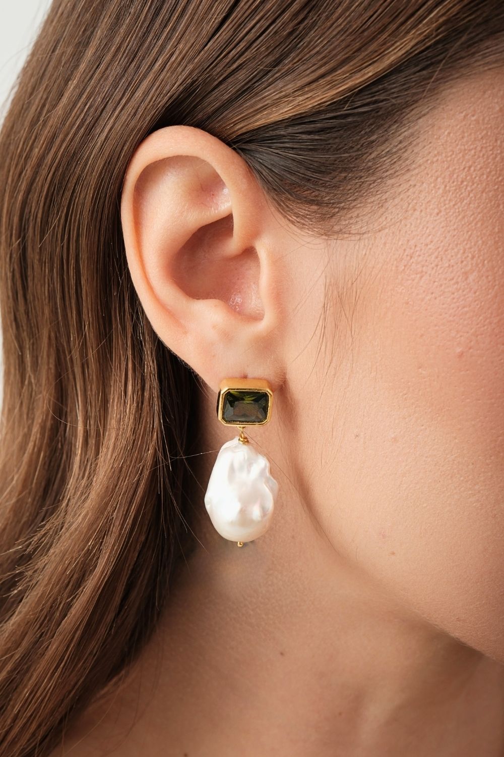 Haki YeşIli Kristal TaşLı Barok İNci SallantıLı KüPe - 3