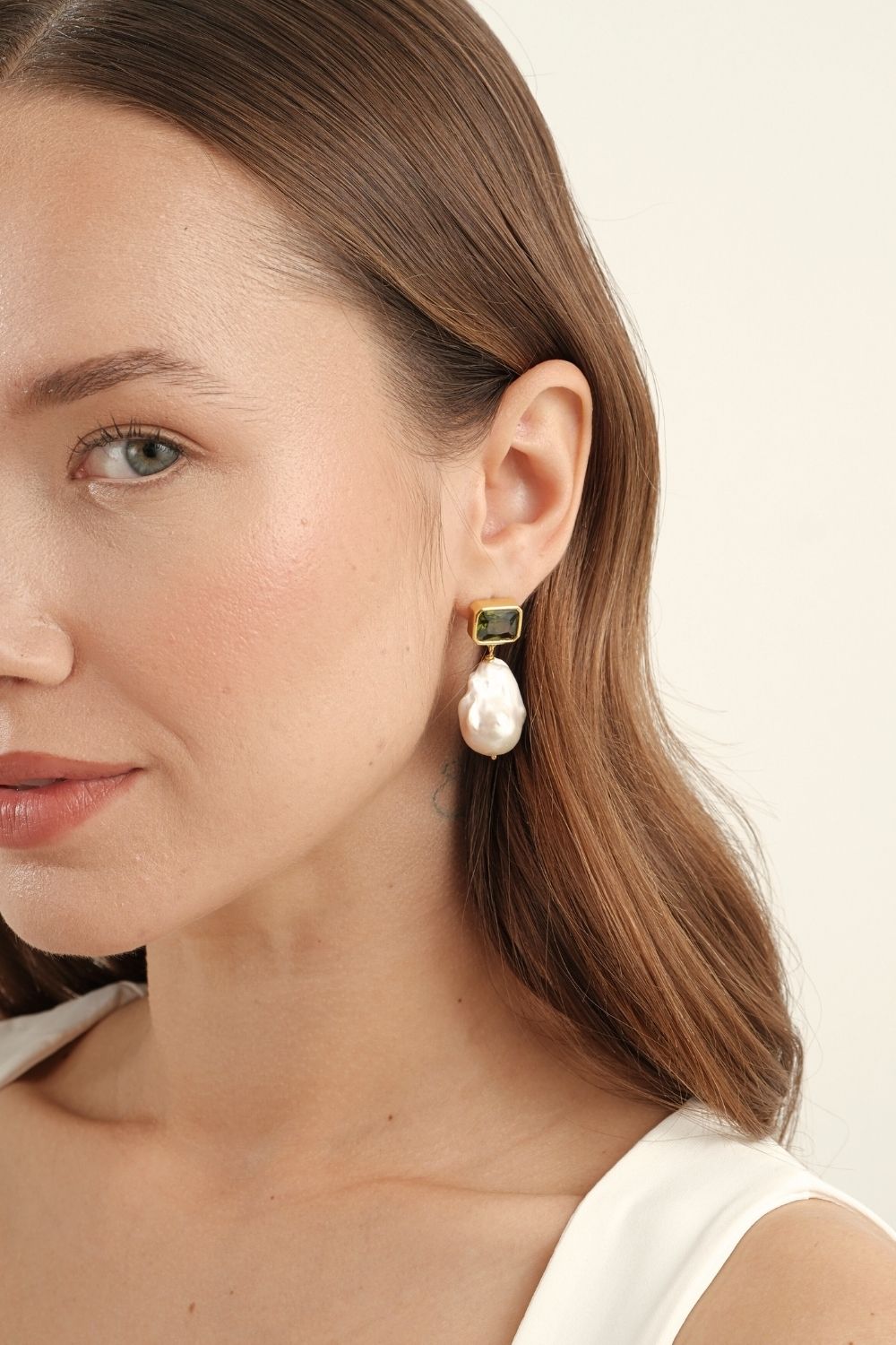 Haki YeşIli Kristal TaşLı Barok İNci SallantıLı KüPe - 4