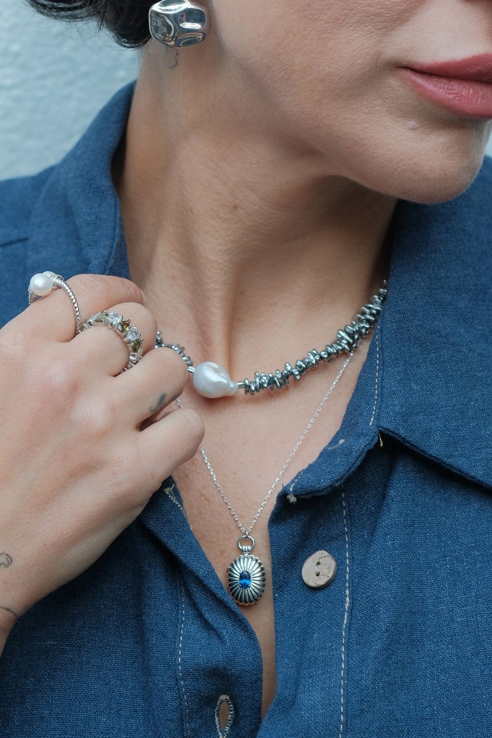 Mini Lacivert TaşLı Kapaklı Madalyon Kolye GüMüş - 3