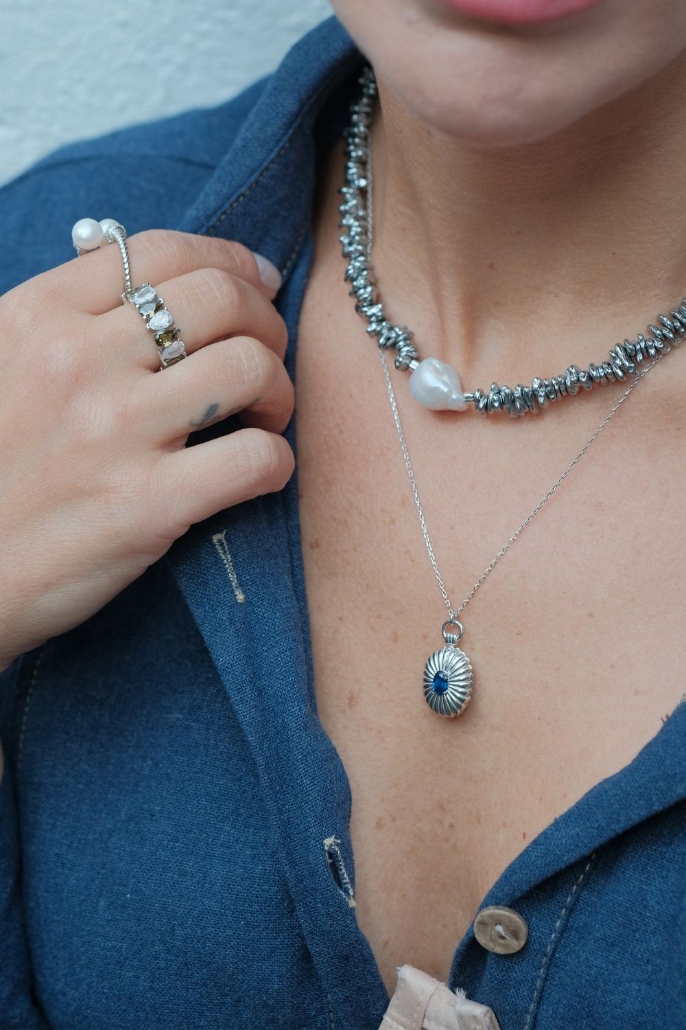 Mini Lacivert TaşLı Kapaklı Madalyon Kolye GüMüş - 4