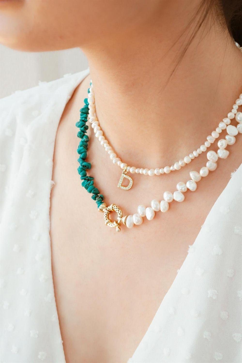 Linya Jewellery-Turkuaz Taşlı İnci Kolye-Kolye-2-Milagron.com