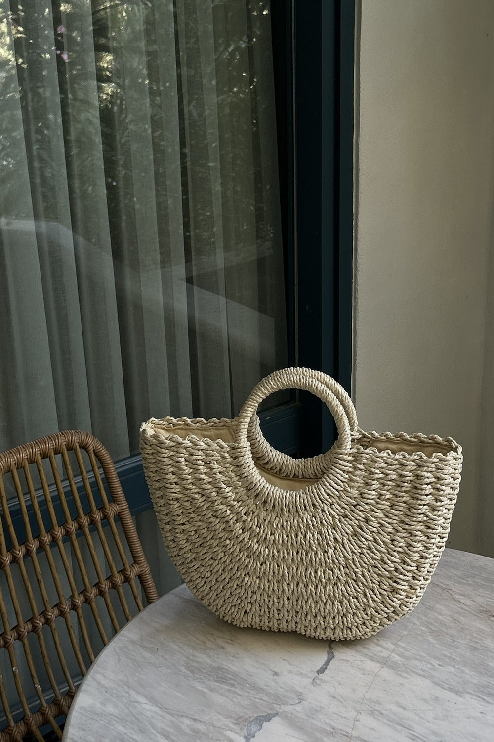 Loventa-Large Askılı Yarım Ay Hasır Çanta Bej Eshe-Omuz Çantası-3-Milagron.com