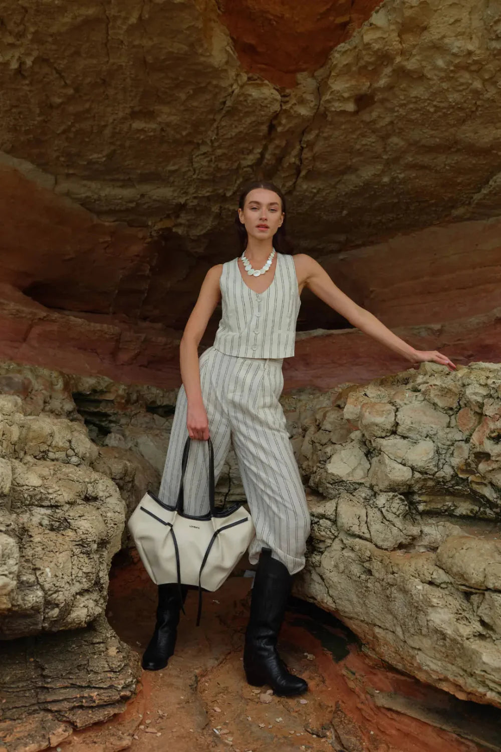 Loventa-Large Tote Bag Bej & Siyah Niesha-Omuz Çantası-3-Milagron.com