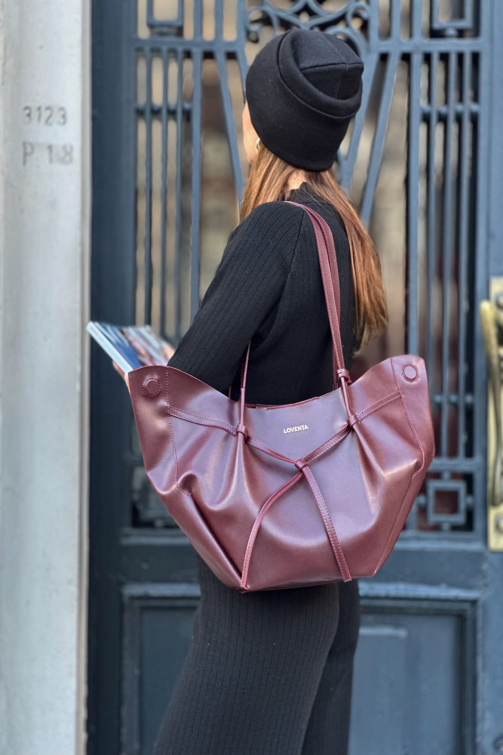 Loventa-Large Tote Bag Bordo Niesha-Omuz Çantası-3-Milagron.com