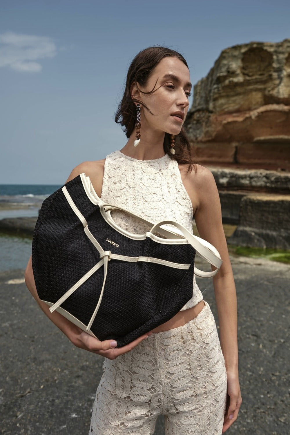 Loventa-Large Tote Bag Siyah & Bej Niesha Allure-Omuz Çantası-2-Milagron.com