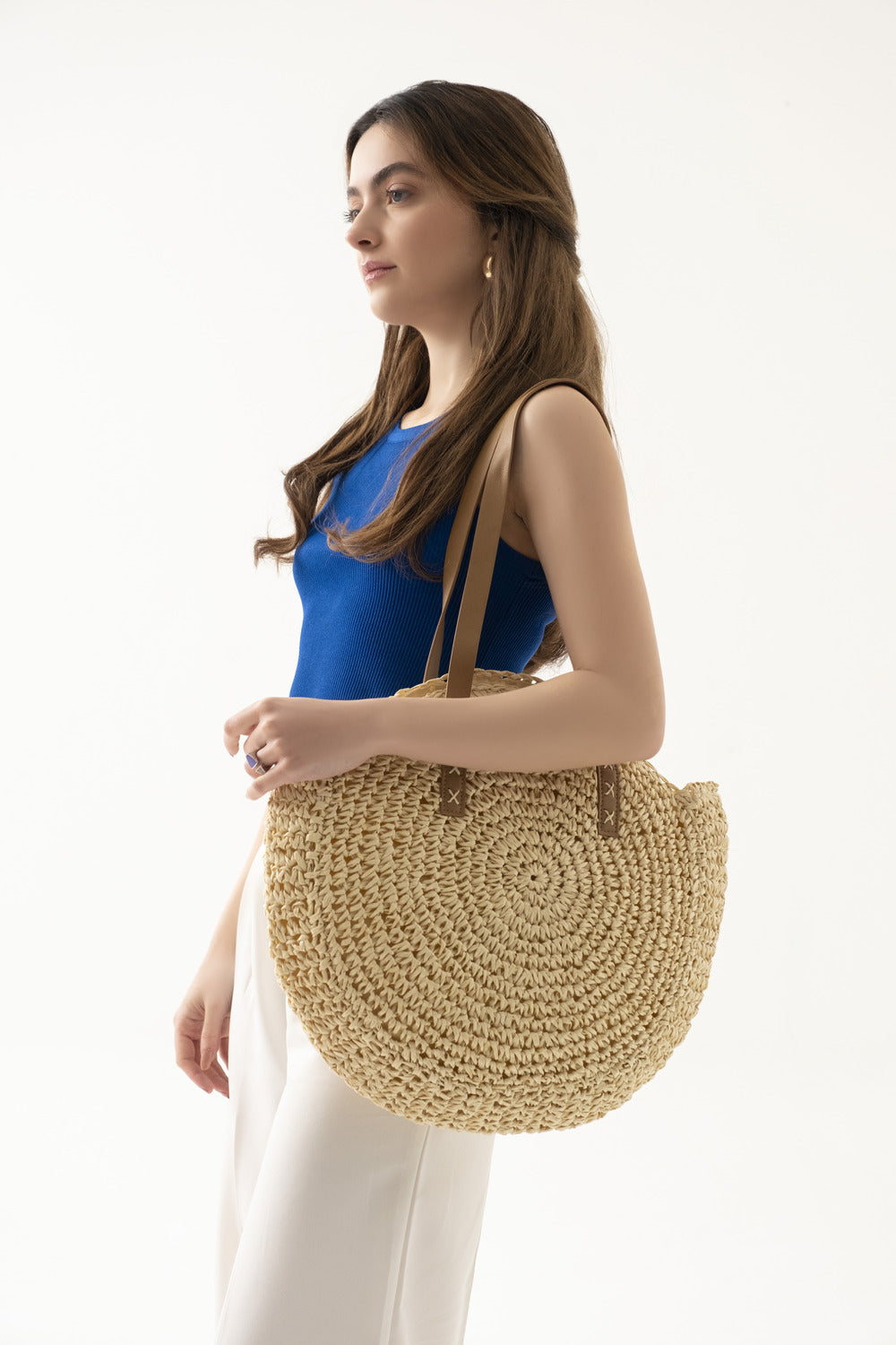 Loventa-Yuvarlak Hasır Çanta Bej Elvana-Omuz Çantası-2-Milagron.com