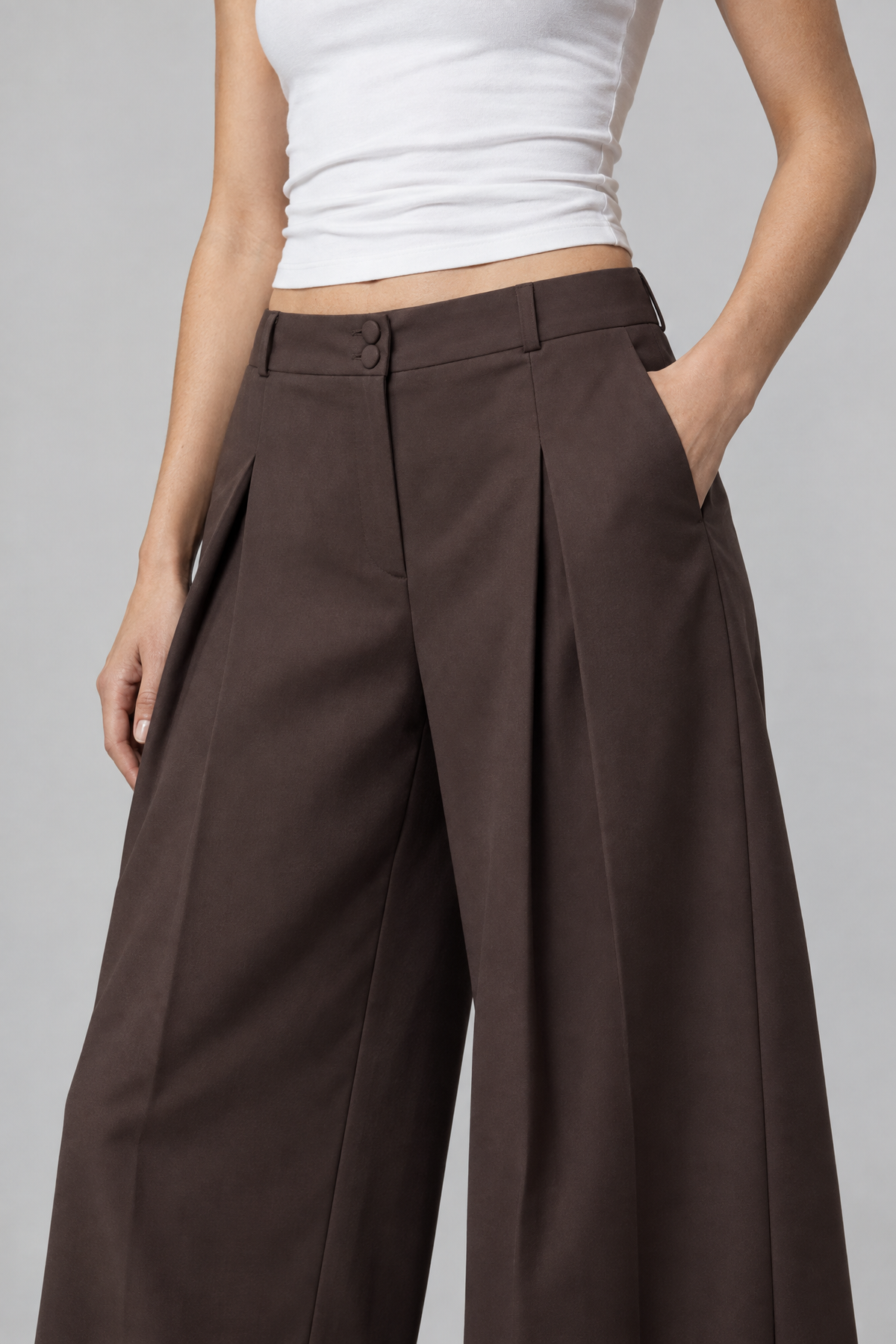 Fara Pileli Geniş Paça Pantolon, Kahverengi - 2