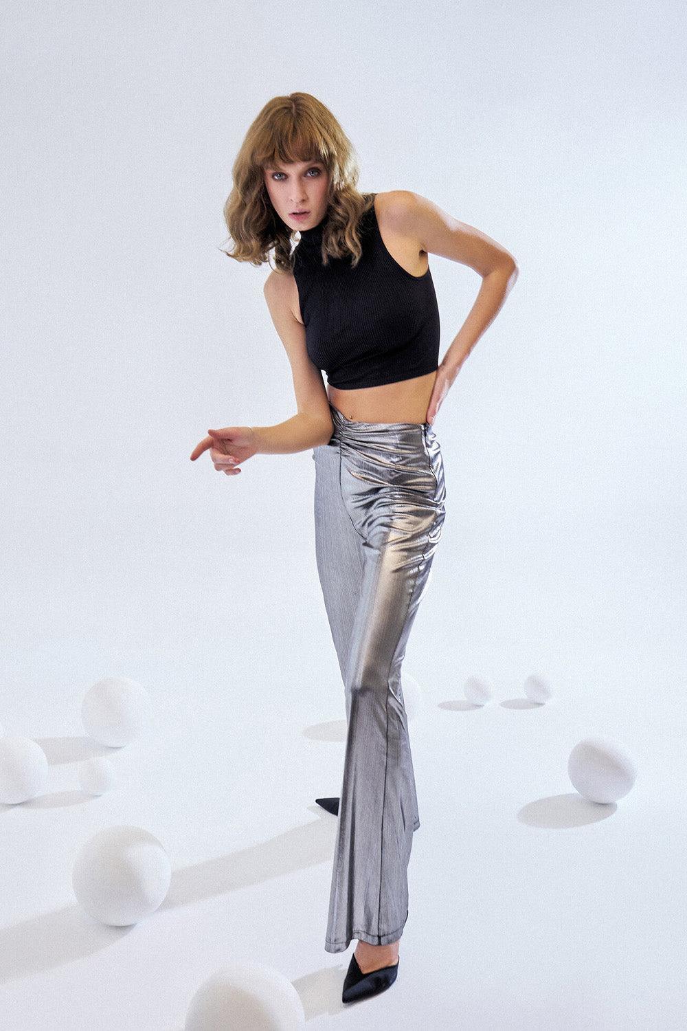 Maeve-Loose Fit Metallic Pants-Kot Pantolon-1-Milagron.com