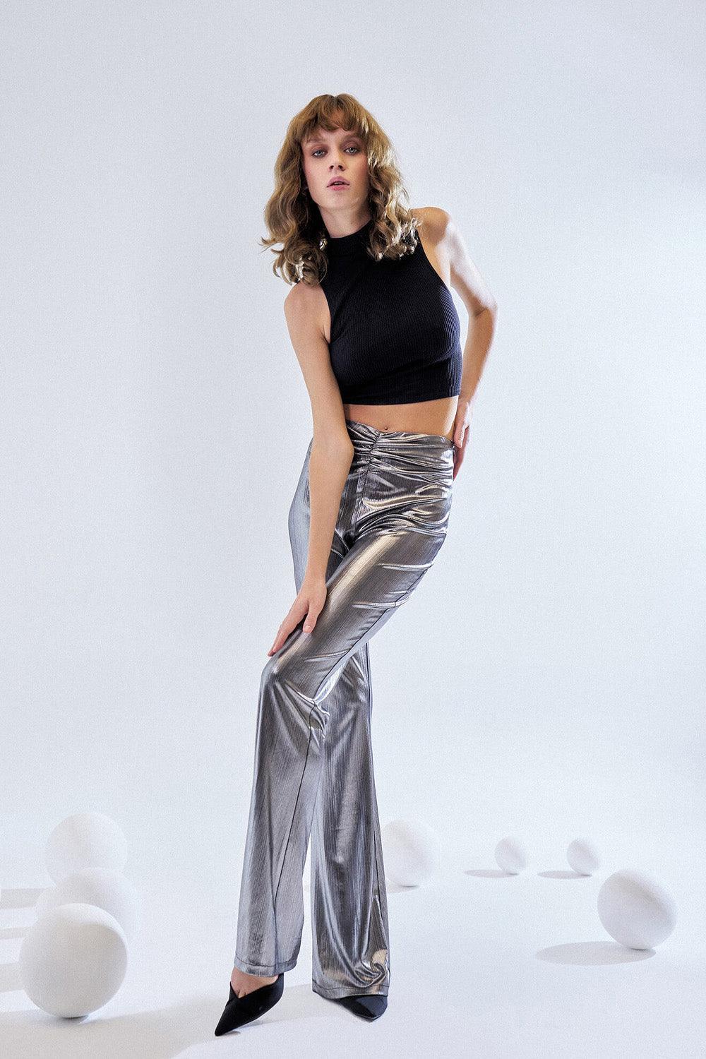 Maeve-Loose Fit Metallic Pants-Kot Pantolon-5-Milagron.com