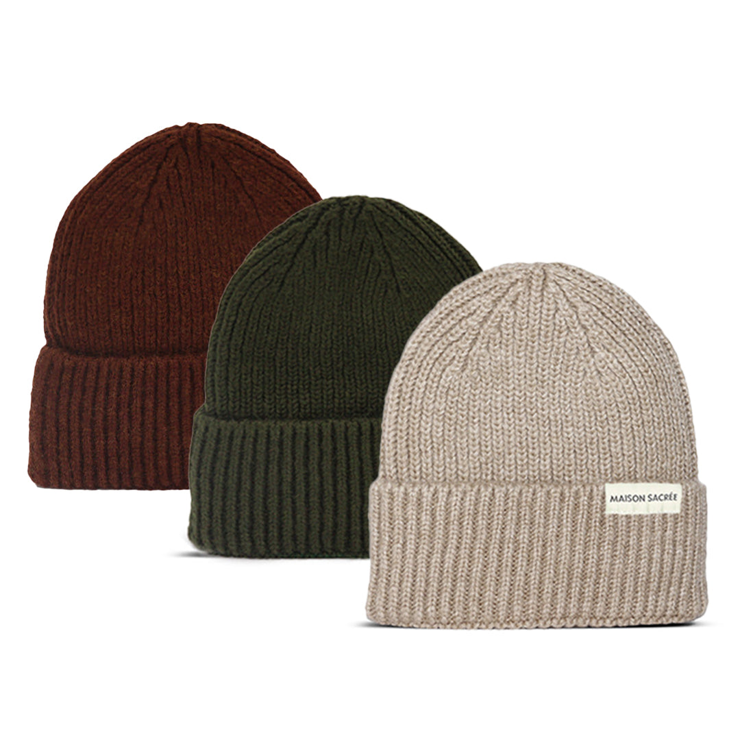 Maison Sacrée-Beige Khaki Brown Beanie Three Pack-Bere-1-Milagron.com
