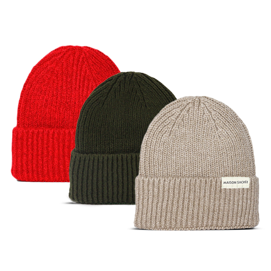 Maison Sacrée-Beige Khaki Red Beanie Three Pack-Bere-1-Milagron.com