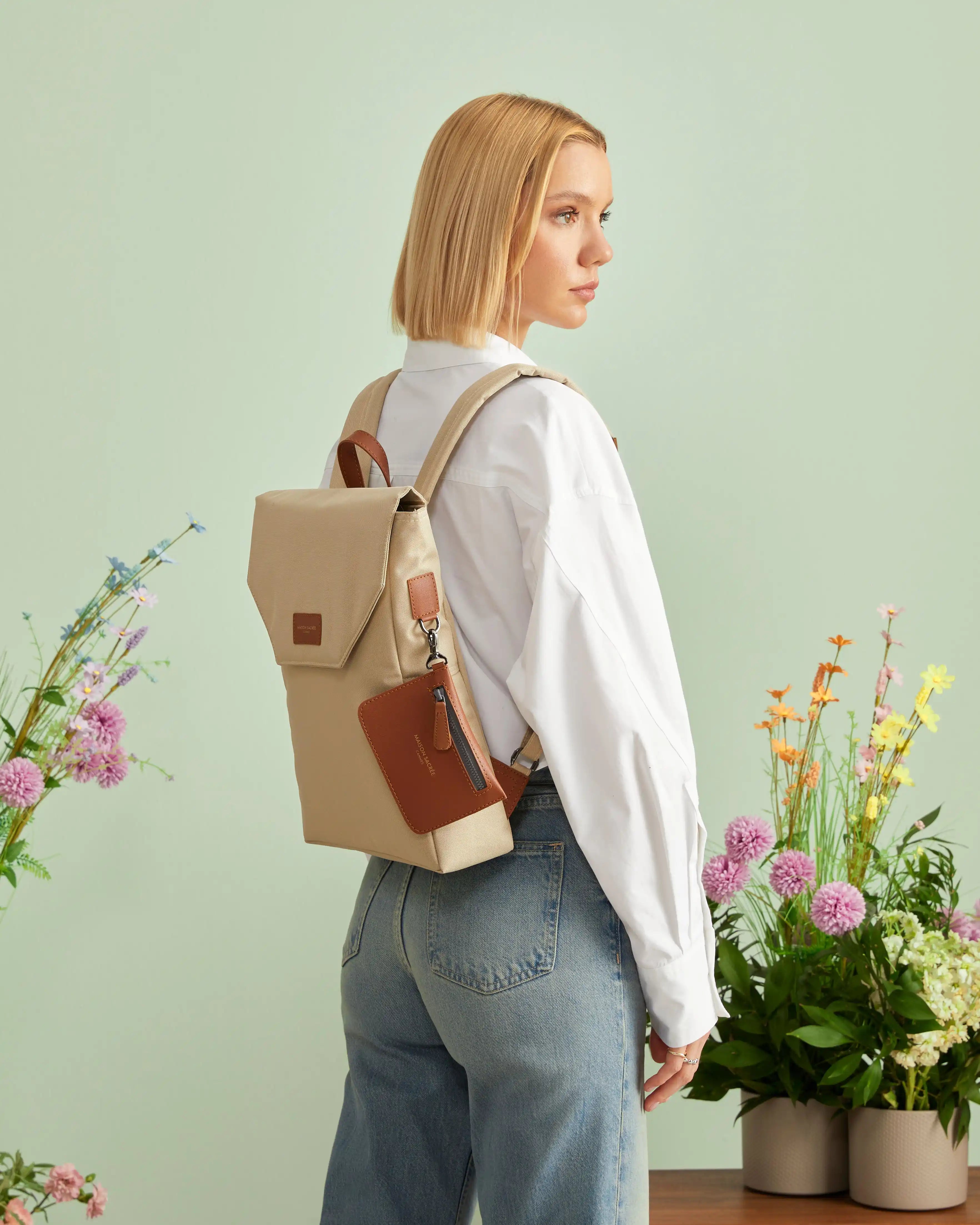 Maison Sacrée-Ferrat Beige 13'' Backpack-Sırt Çantası-2-Milagron.com