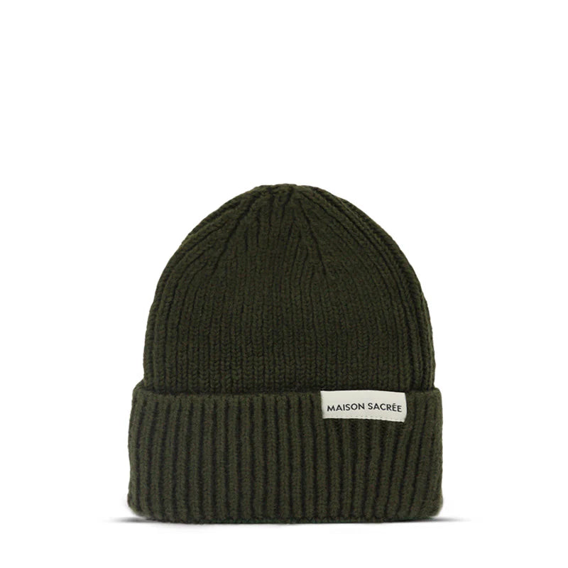 Maison Sacrée-Ms Khaki Knitted Beanie-Bere-1-Milagron.com