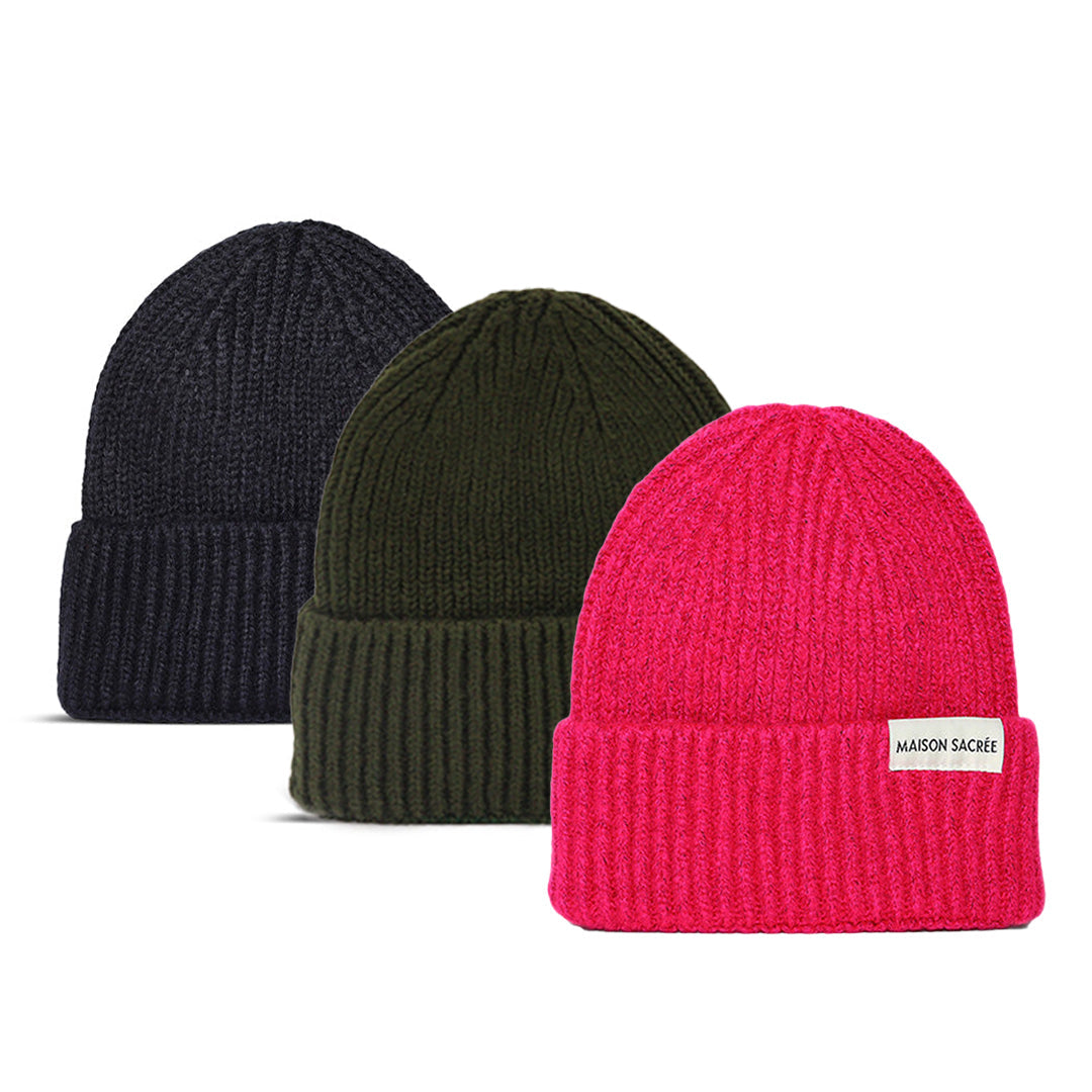 Maison Sacrée-Pink Khaki Navy Blue Beanie Three Pack-Bere-1-Milagron.com