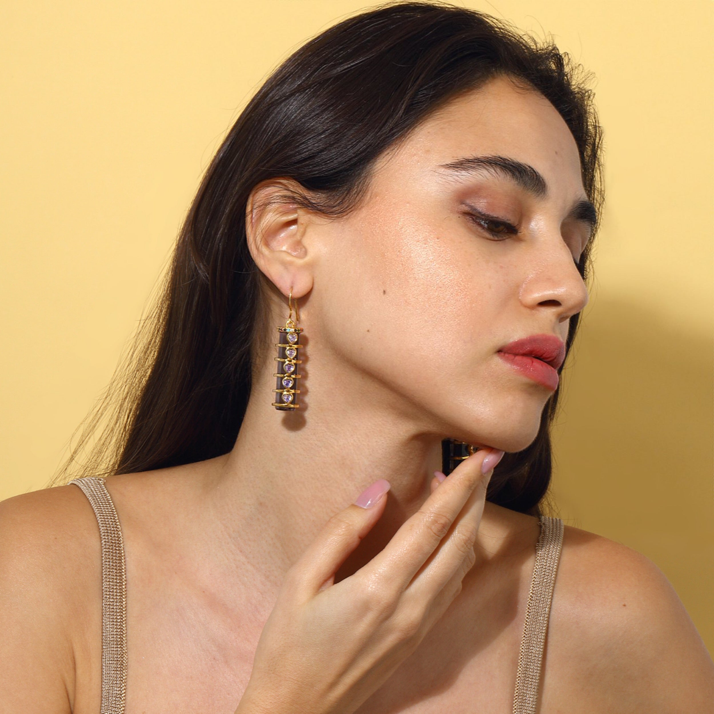 Maison Soula-Chrysalis Earrings Amethyst With Violet Hearts-Earrings-4-Milagron.com