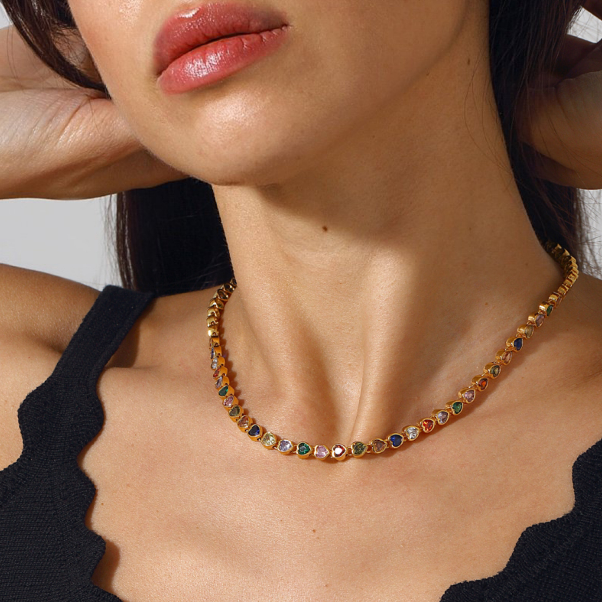 Maison Soula-Many Tiny Hearts Tennis Necklace Multicolor-Necklace-4-Milagron.com