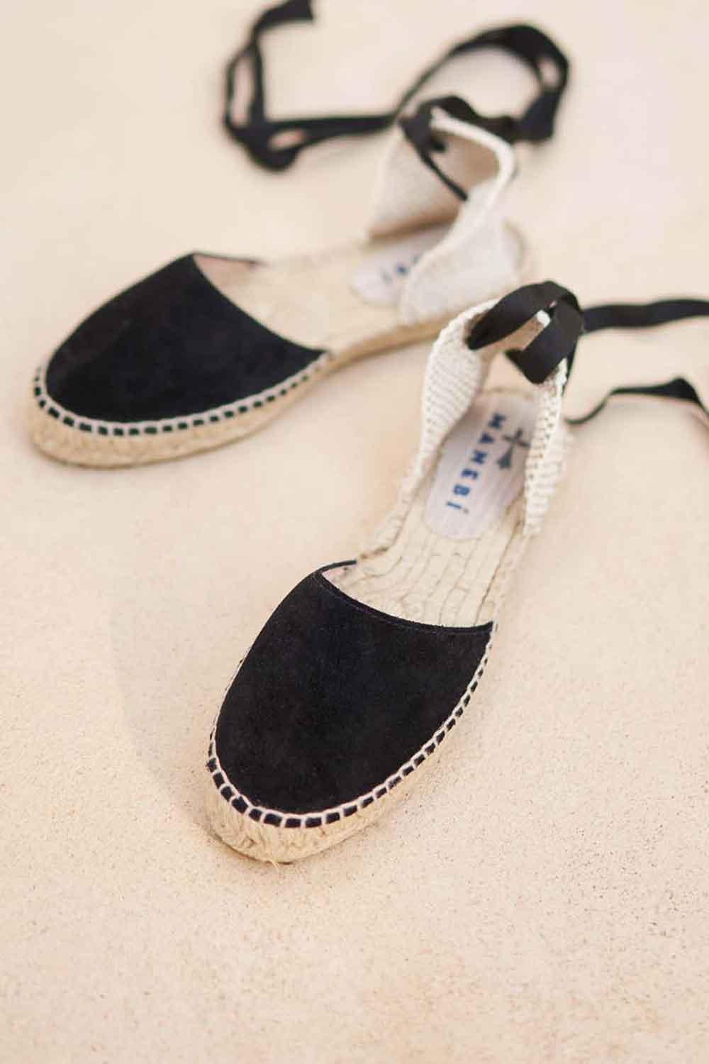 Manebi-Hamptons Suede Flat Valenciana Espadrilles Black-Sandalet & Terlik-2-Milagron.com