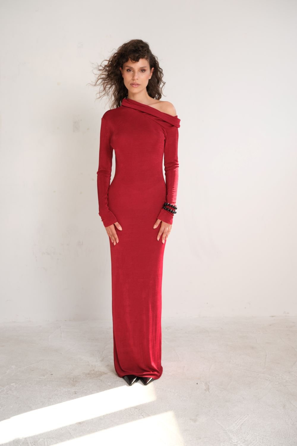 Manshet-Cherise Omuz Detaylı Uzun Elbise-Elbise-1-Milagron.com