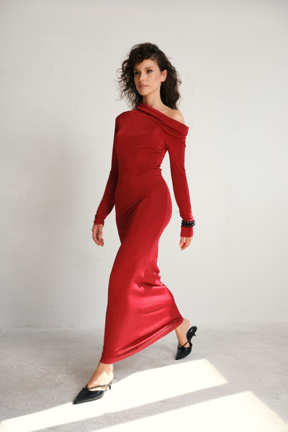 Manshet-Cherise Omuz Detaylı Uzun Elbise-Elbise-2-Milagron.com