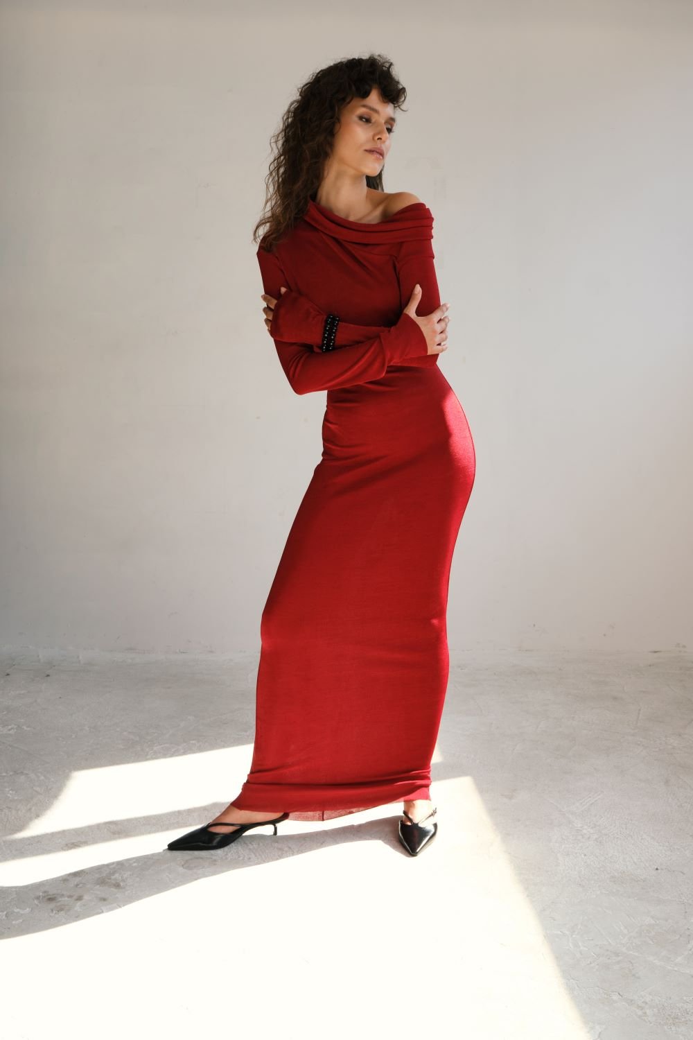 Manshet-Cherise Omuz Detaylı Uzun Elbise-Elbise-3-Milagron.com