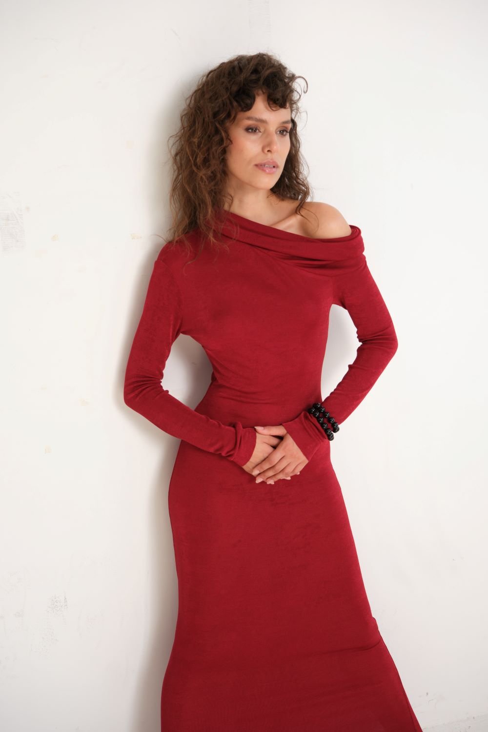 Manshet-Cherise Omuz Detaylı Uzun Elbise-Elbise-4-Milagron.com