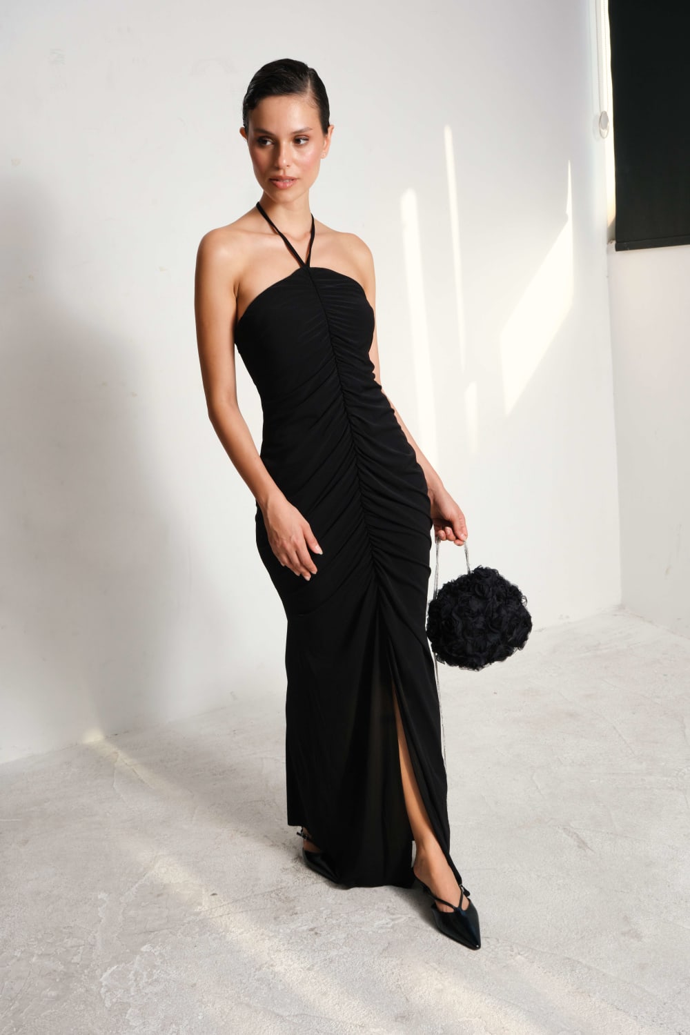 Manshet-Diana Boyun Askılı Yırtmaçlı Elbise-Elbise-1-Milagron.com